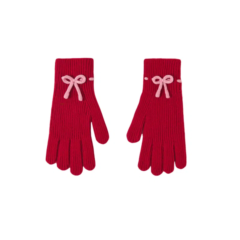 北极绒 针织蝴蝶结学生可爱韩版秋冬季骑行保暖漏露指触屏潮流百搭 聚酯纤维 绒线手套 女款