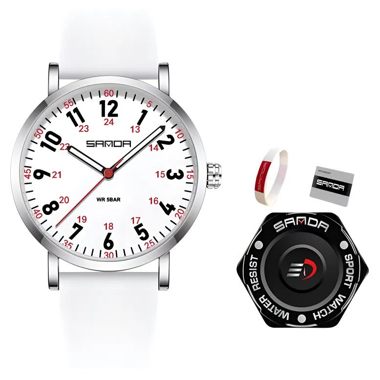 三达简约时尚考生专用静音走时超薄表壳 石英机芯 硅胶表带 国表 男女同款 白色表盘 防水夜光