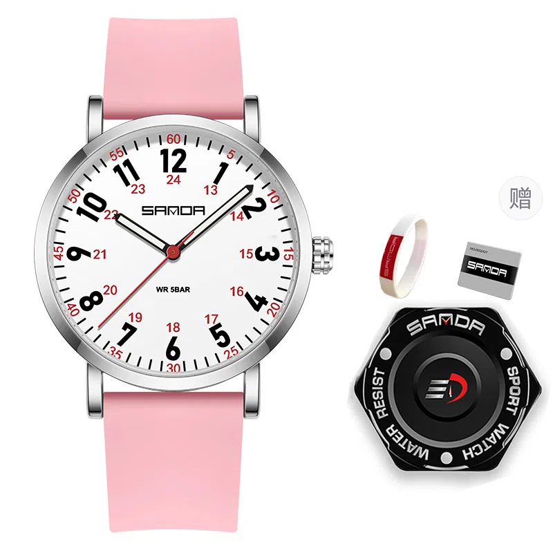 三达简约时尚考生专用静音走时超薄表壳 石英机芯 硅胶表带 国表 男女同款 白色表盘 防水夜光