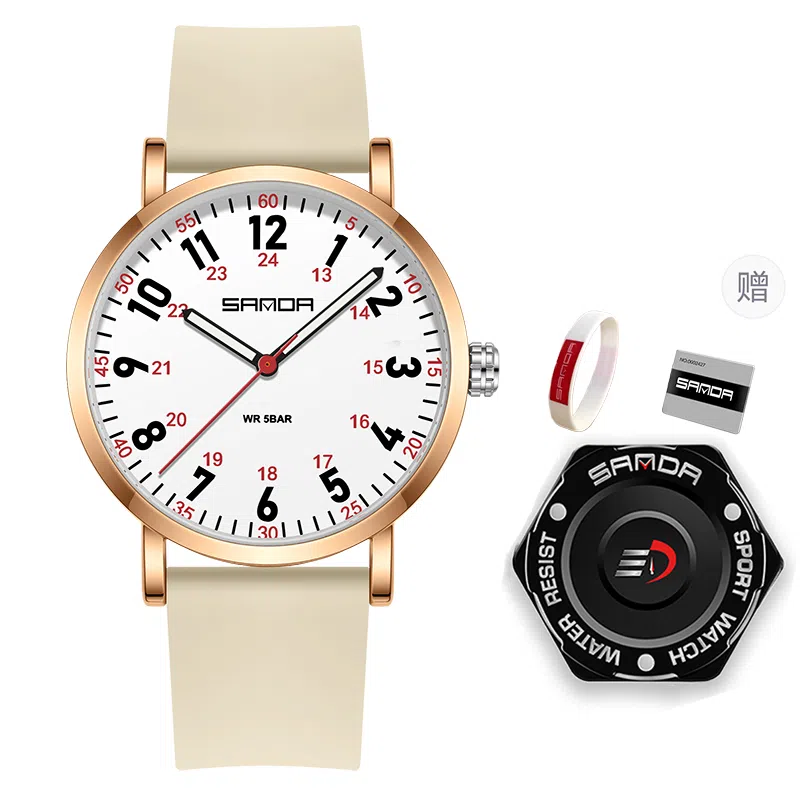 三达简约时尚考生专用静音走时超薄表壳 石英机芯 硅胶表带 国表 男女同款 白色表盘 防水夜光