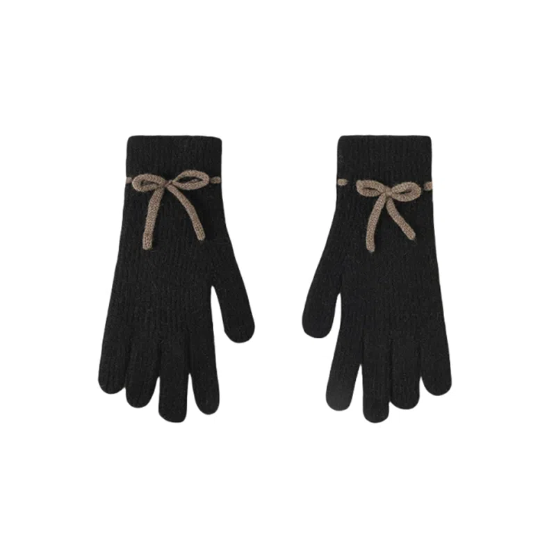 北极绒 针织蝴蝶结学生可爱韩版秋冬季骑行保暖漏露指触屏潮流百搭 聚酯纤维 绒线手套 女款