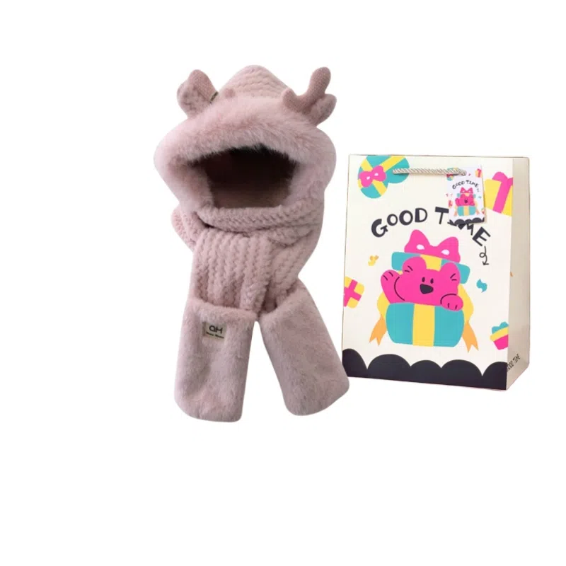 钓鱼熊 【秋冬必备】可爱冬天小鹿角毛茸茸保暖护耳三件套双层加厚围巾手套一 体 聚酯纤维 斗篷帽 男女同款情侣款