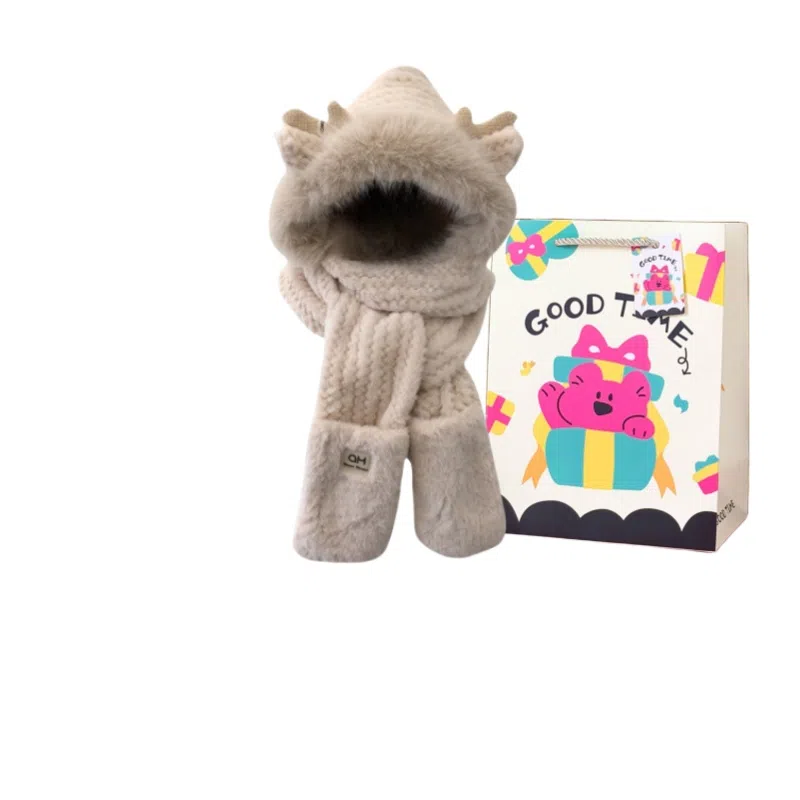 钓鱼熊 【秋冬必备】可爱冬天小鹿角毛茸茸保暖护耳三件套双层加厚围巾手套一 体 聚酯纤维 斗篷帽 男女同款情侣款