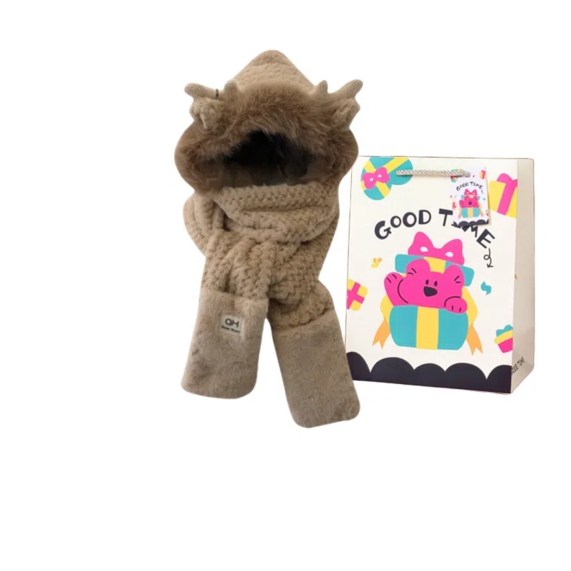 钓鱼熊 【秋冬必备】可爱冬天小鹿角毛茸茸保暖护耳三件套双层加厚围巾手套一 体 聚酯纤维 斗篷帽 男女同款情侣款