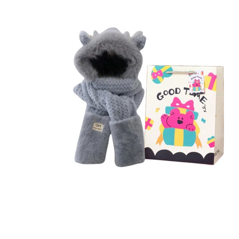 钓鱼熊 【秋冬必备】可爱冬天小鹿角毛茸茸保暖护耳三件套双层加厚围巾手套一 体 聚酯纤维 斗篷帽 男女同款情侣款