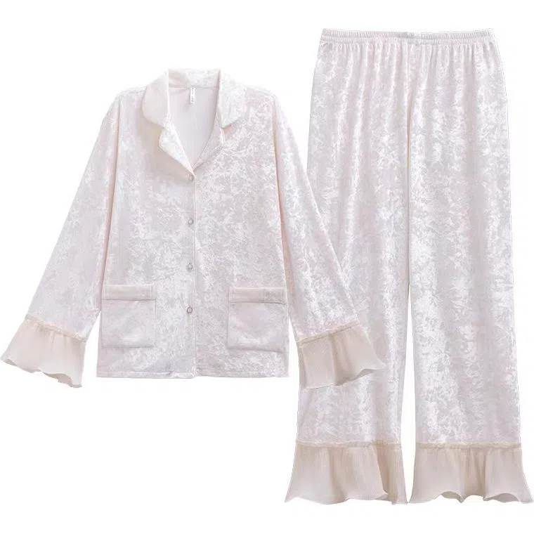 秀黛 荷叶边拼接翻领长袖可外穿睡衣套装 女款