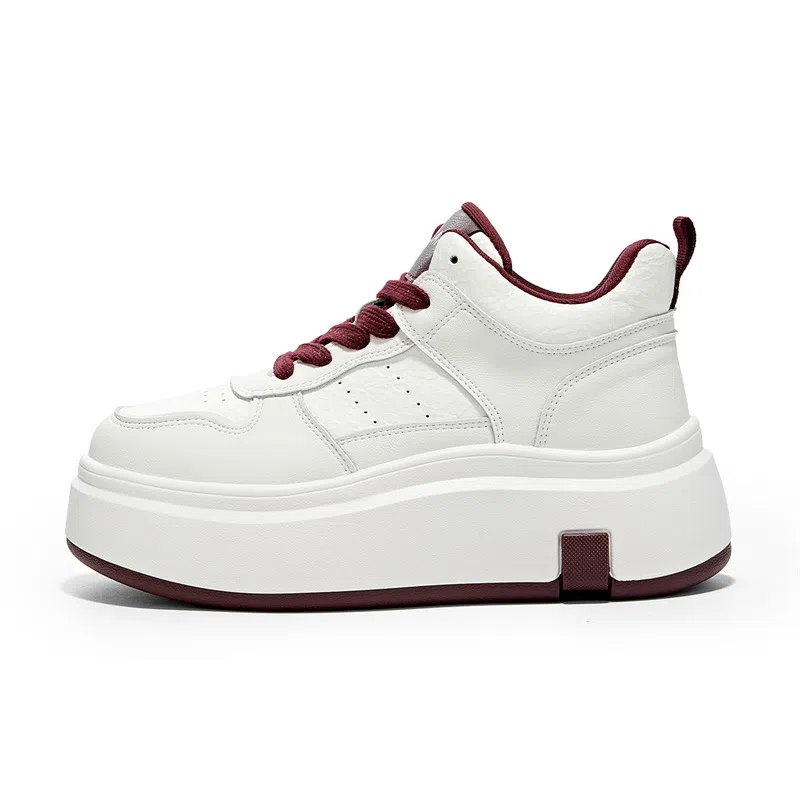 珂卡芙 牛剖层革 时尚潮流青春学院风百搭舒适显瘦显脚小轻便厚底增高小白鞋 高帮 生活休闲鞋 女款