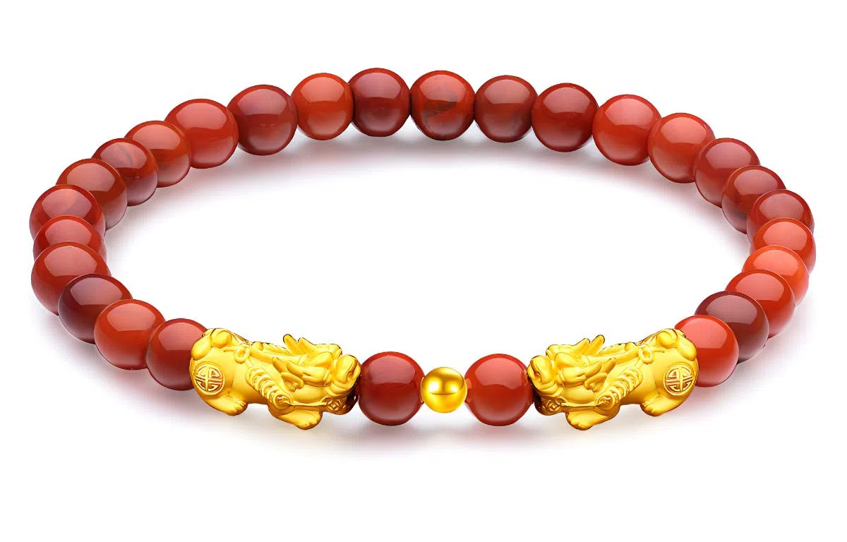 老庙 两貔貅一金珠精品串珠链 足金 一口价 黄金手串 女款