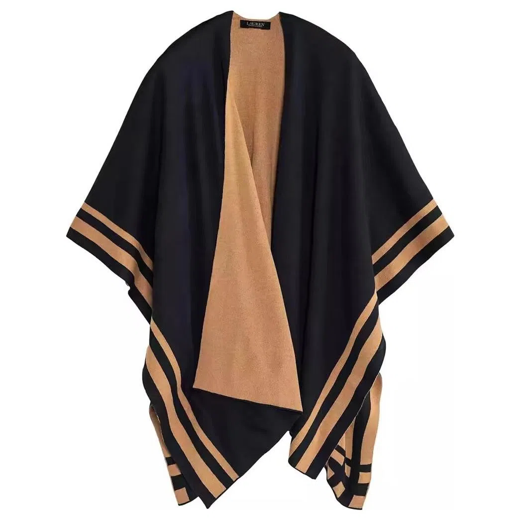 Ralph Lauren Striped Wool Blend Shawl Black