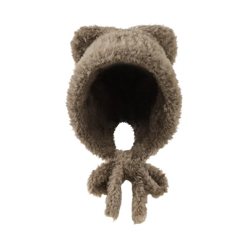 俞兆林 毛绒帽子可爱小熊女冬季保暖百搭显脸小大头围护耳套头帽户外防寒 毛茸 绒线帽 女款