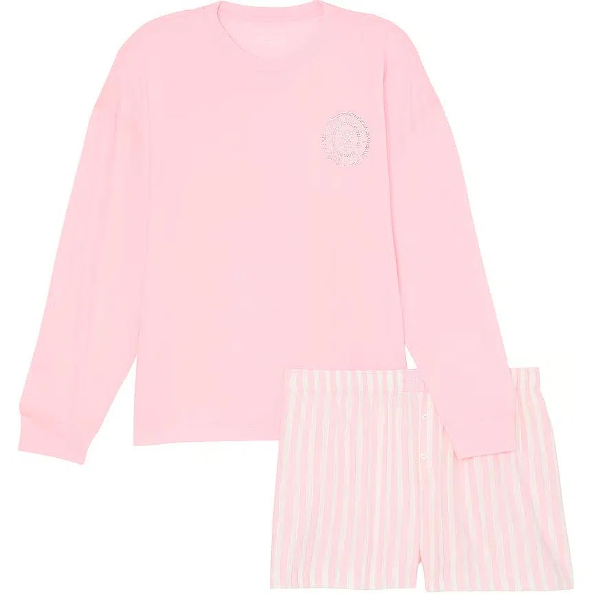 Victoria's Secret Flannel Long-Sleeve Short Tee-Jama Set Stripe