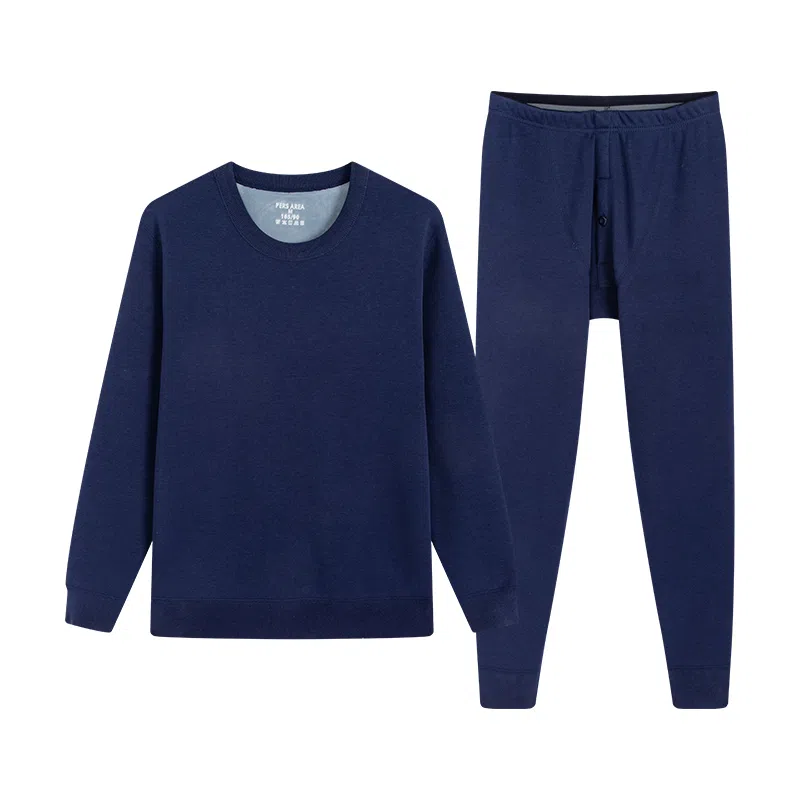 贴身领域 加厚加绒青年圆领纯色可外穿简约内衣秋衣秋裤打底保暖套装 男款