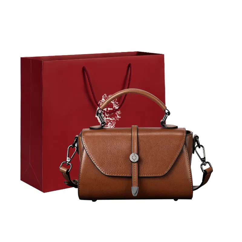 老人头 复古油蜡皮耐用耐脏耐旧通勤 牛皮配合成革 单肩包 女 棕色