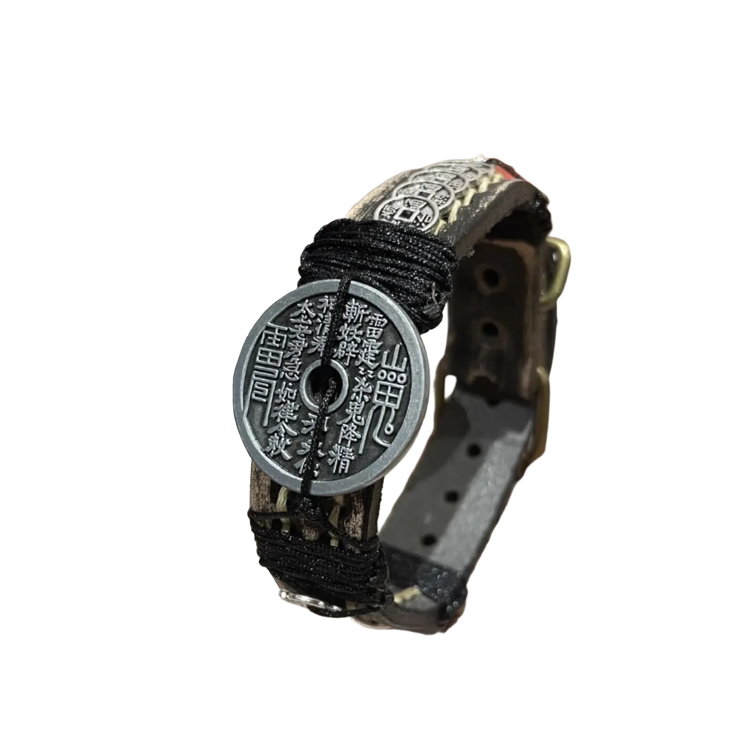 既白南兮 灰钱守正山鬼花钱五帝钱太岁本命年道系青年国风新中式文创 合金 皮革 手环 男女同款情侣款