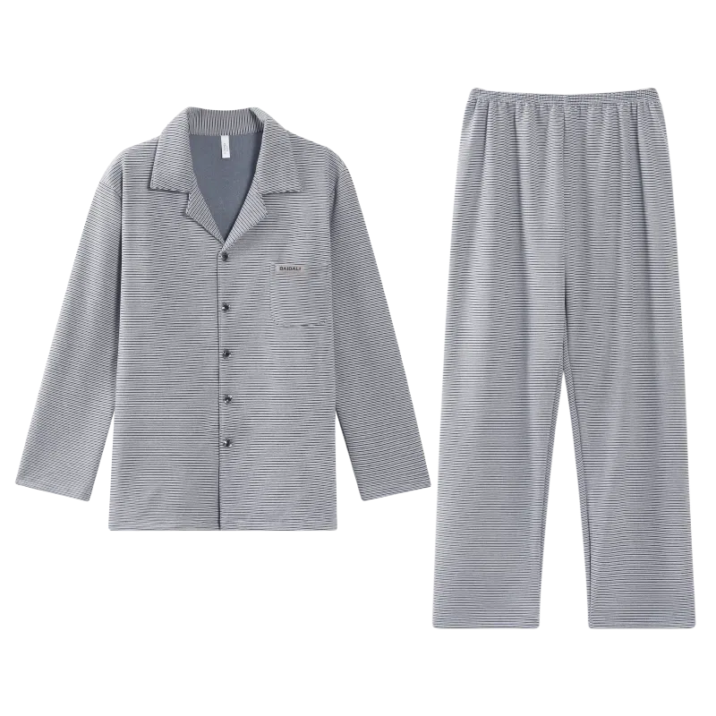 兰缪 加厚发热长袖舒适亲肤条纹睡衣套装 男款 图色