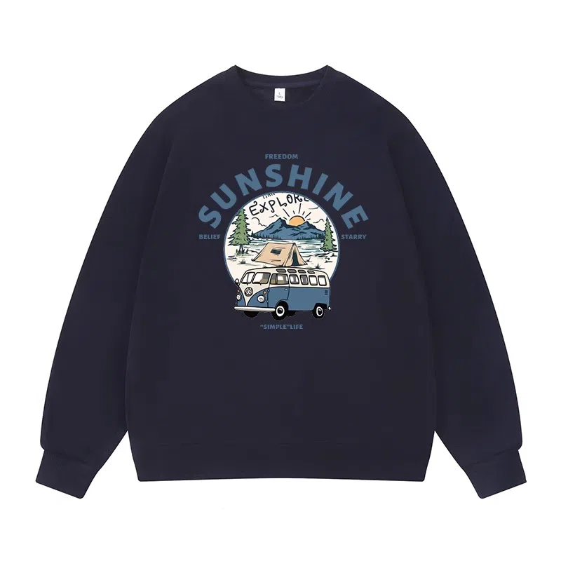 莫代尔 舒适亲肤潮流休闲时尚湖畔露营印花简约潮牌圆领长袖可外穿打底衣 男女同款