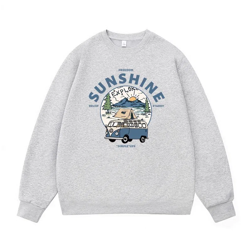 莫代尔 舒适亲肤潮流休闲时尚湖畔露营印花简约潮牌圆领长袖可外穿打底衣 男女同款