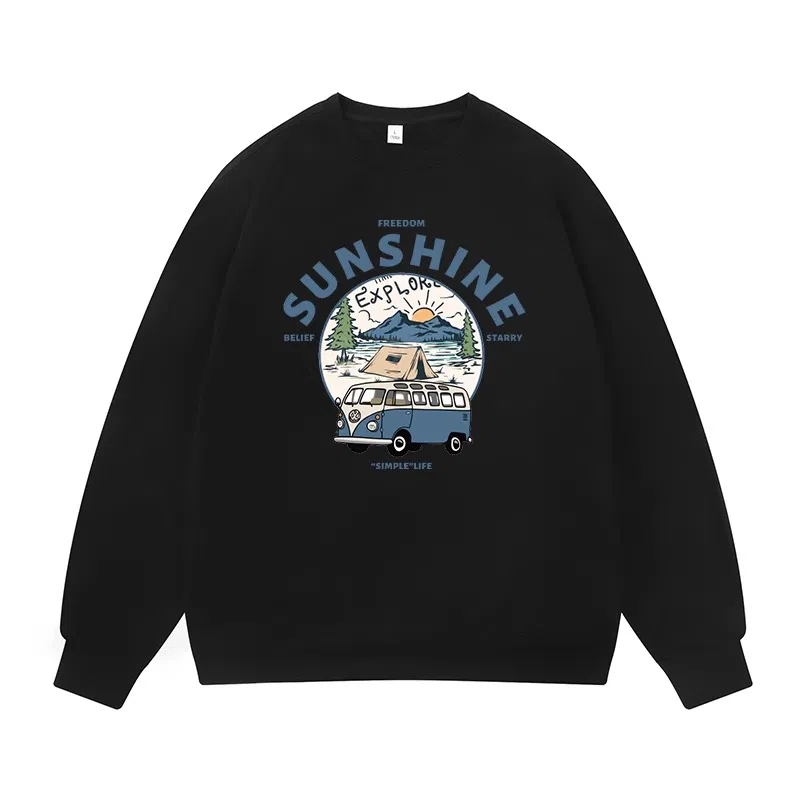 莫代尔 舒适亲肤潮流休闲时尚湖畔露营印花简约潮牌圆领长袖可外穿打底衣 男女同款