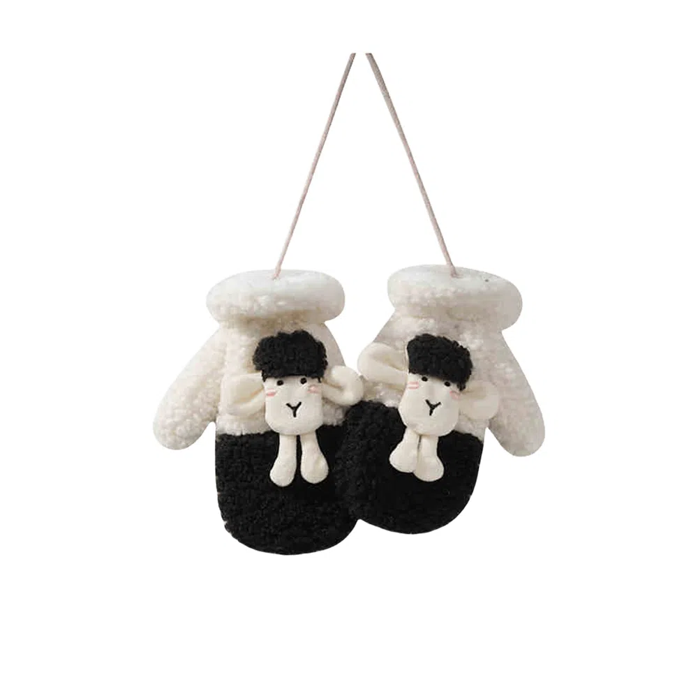 梦特娇 冬季加厚羊羔绒卡通可爱小羊挂脖连指 涤纶 绒线手套 女款