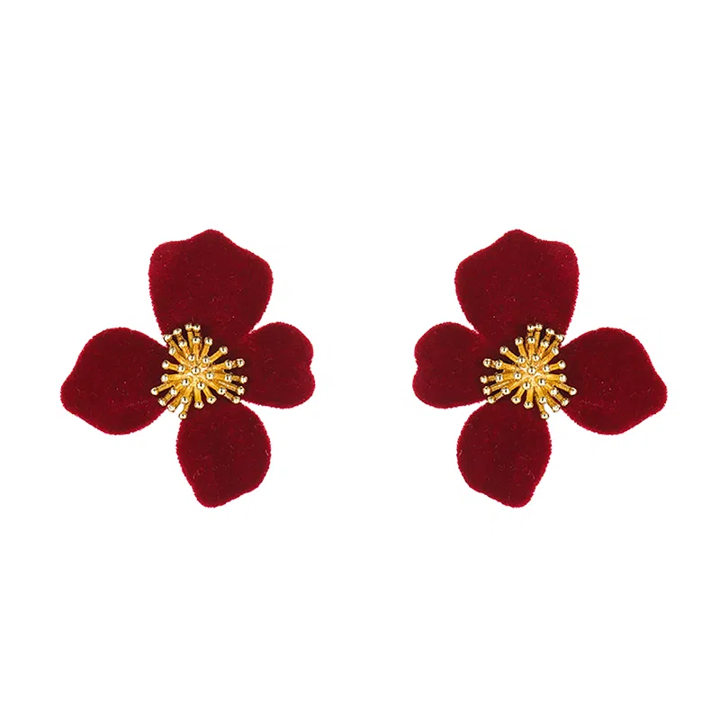韵系 新年红丝绒花朵 铜镀金 耳环 女款