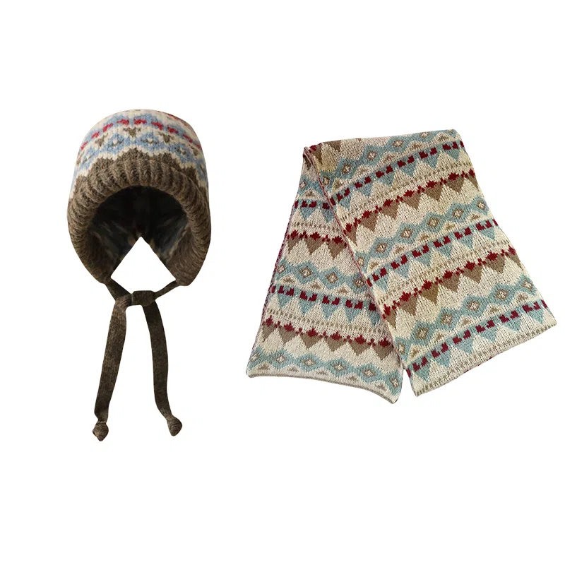 北极绒 提花绑带护耳帽可变包包复古民族风针织保暖套头帽组合二件套 聚酯纤维 绒线帽 男女同款情侣款