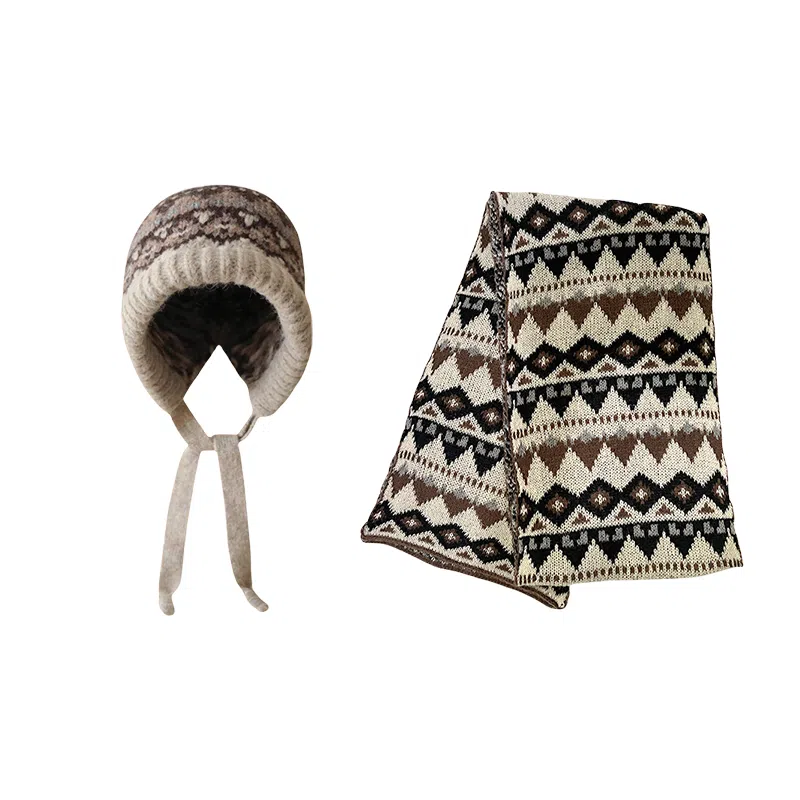 北极绒 提花绑带护耳帽可变包包复古民族风针织保暖套头帽组合二件套 聚酯纤维 绒线帽 男女同款情侣款