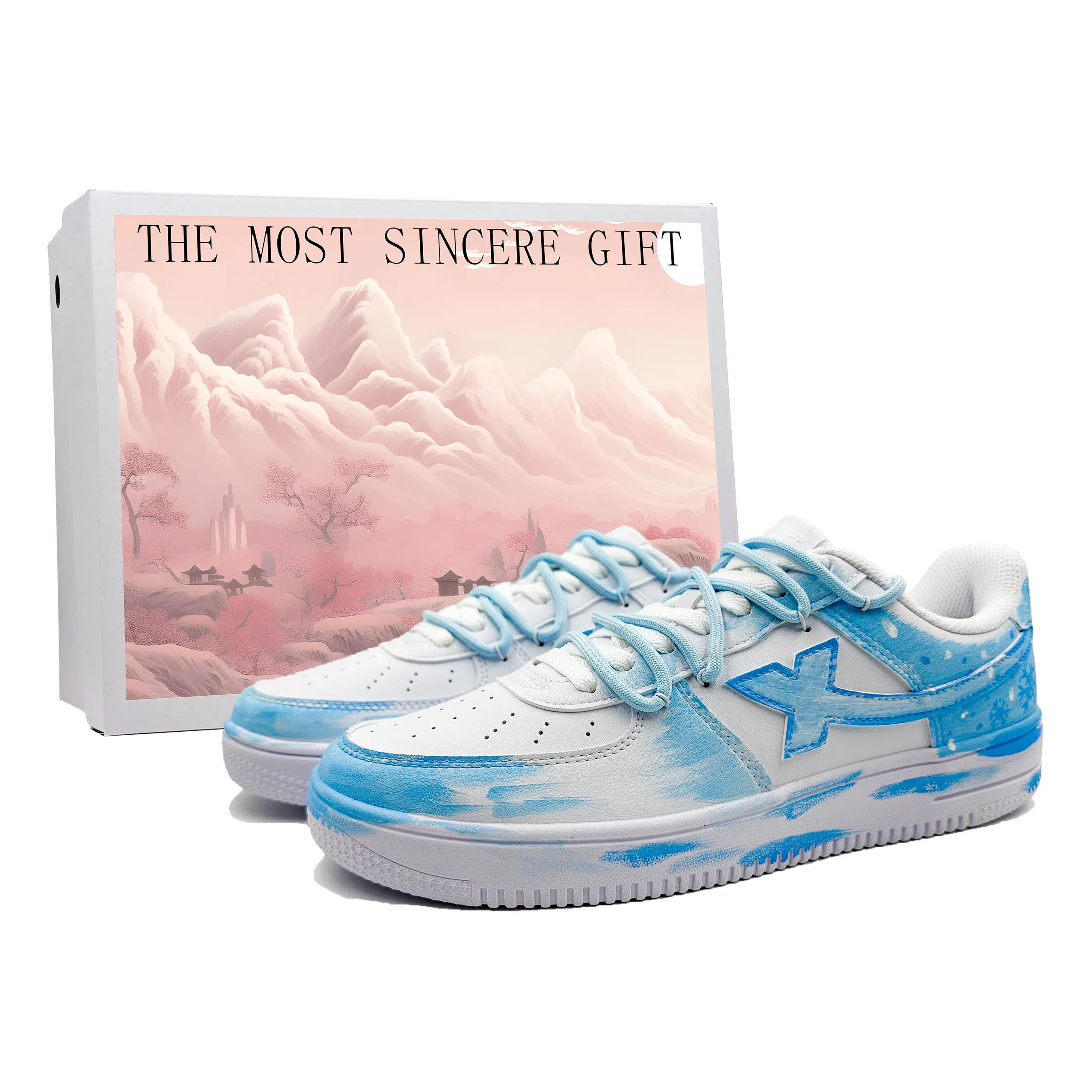 【定制球鞋】特步 空军一号 礼盒款 雪落幽蓝 雪花 泼墨手绘 防滑耐磨 低帮 板鞋 男女同款 冰蓝色