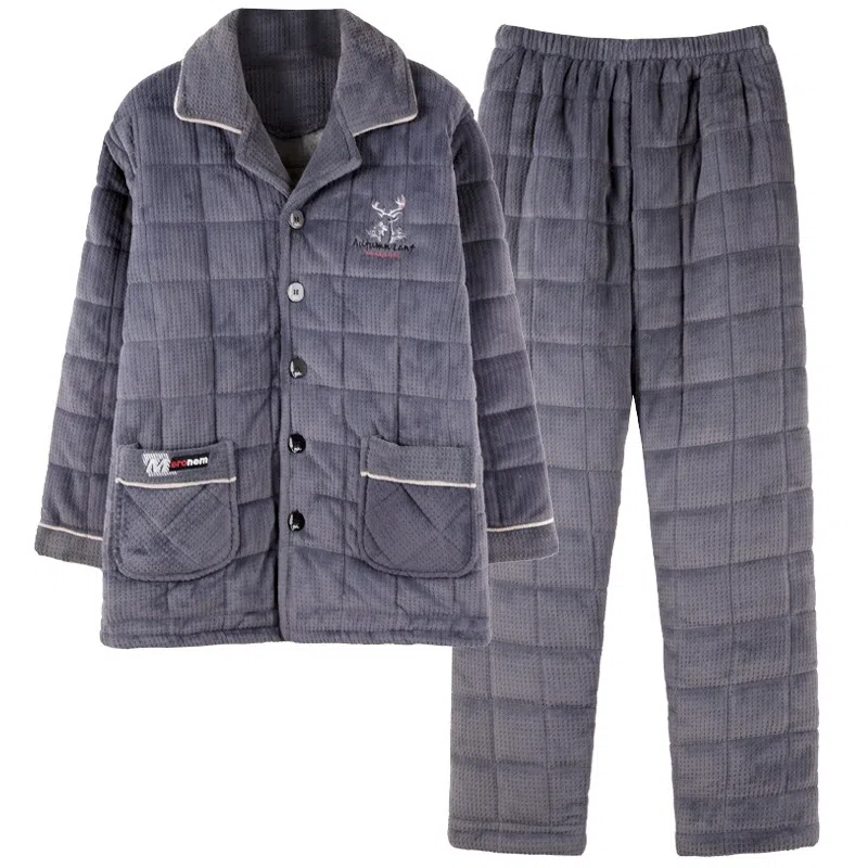 莫代尔 简约翻领舒适柔软亲肤加厚保暖微弹家居服可外穿睡衣套装 男款 灰暮色