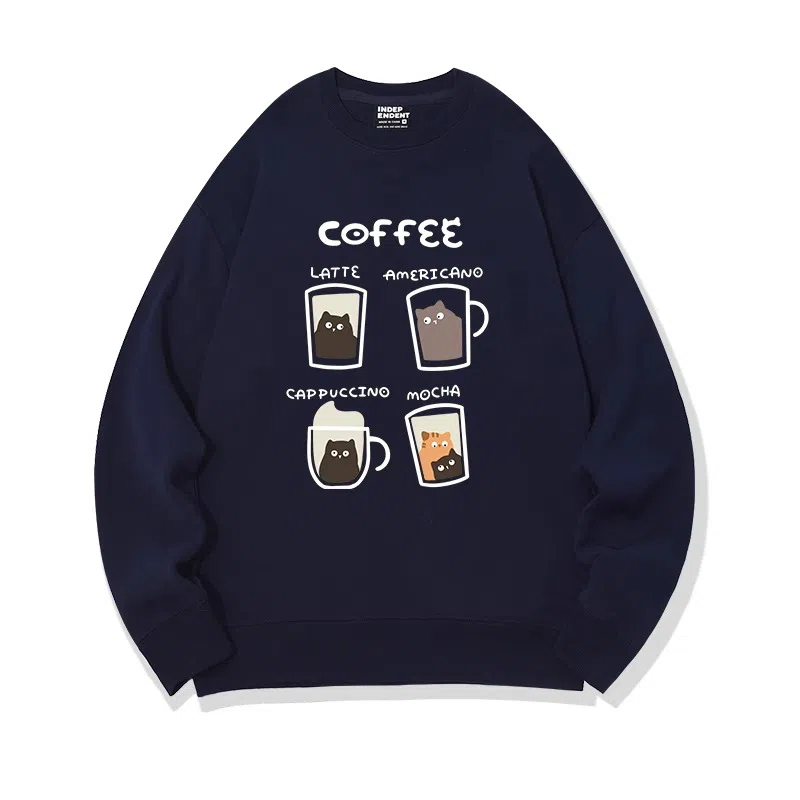 莫代尔 舒适亲肤咖啡卡通猫潮流休闲时尚图案印花圆领长袖可外穿打底衣 男女同款