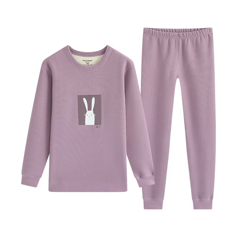 贴身领域 华夫格加绒加厚可爱圆领磨毛绒感秋衣秋裤防寒保暖套装 女款