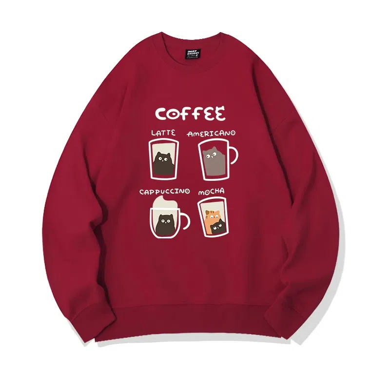 莫代尔 舒适亲肤咖啡卡通猫潮流休闲时尚图案印花圆领长袖可外穿打底衣 男女同款