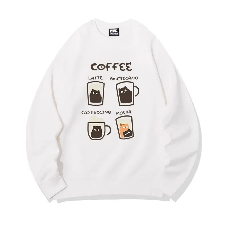 莫代尔 舒适亲肤咖啡卡通猫潮流休闲时尚图案印花圆领长袖可外穿打底衣 男女同款