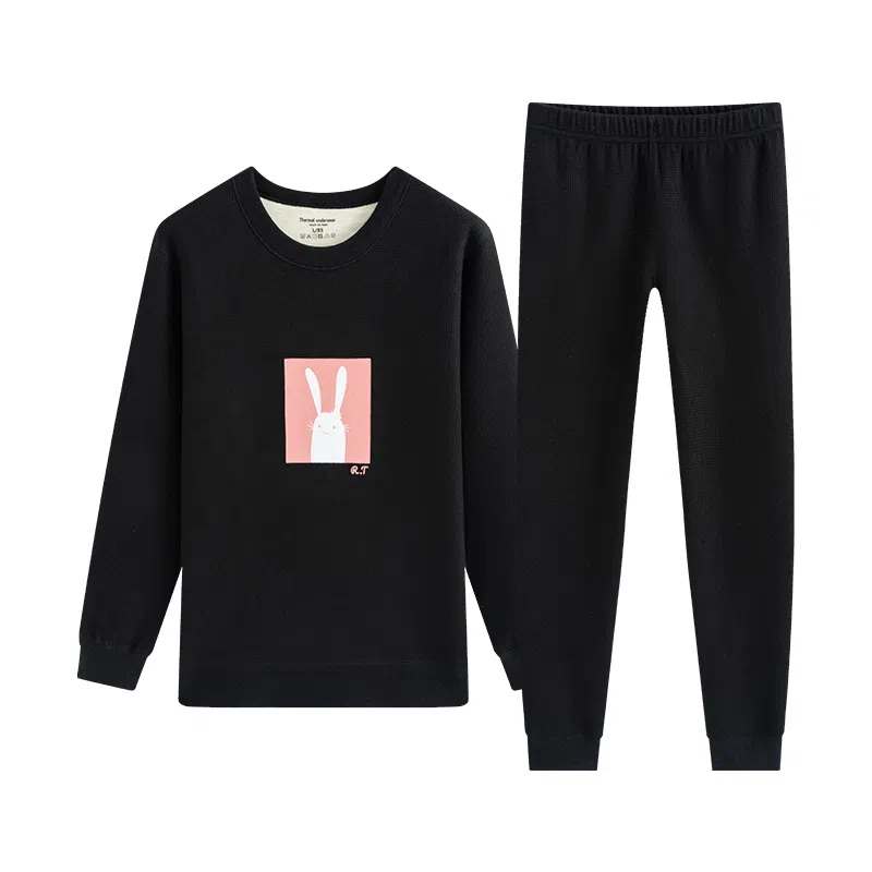 贴身领域 华夫格加绒加厚可爱圆领磨毛绒感秋衣秋裤防寒保暖套装 女款