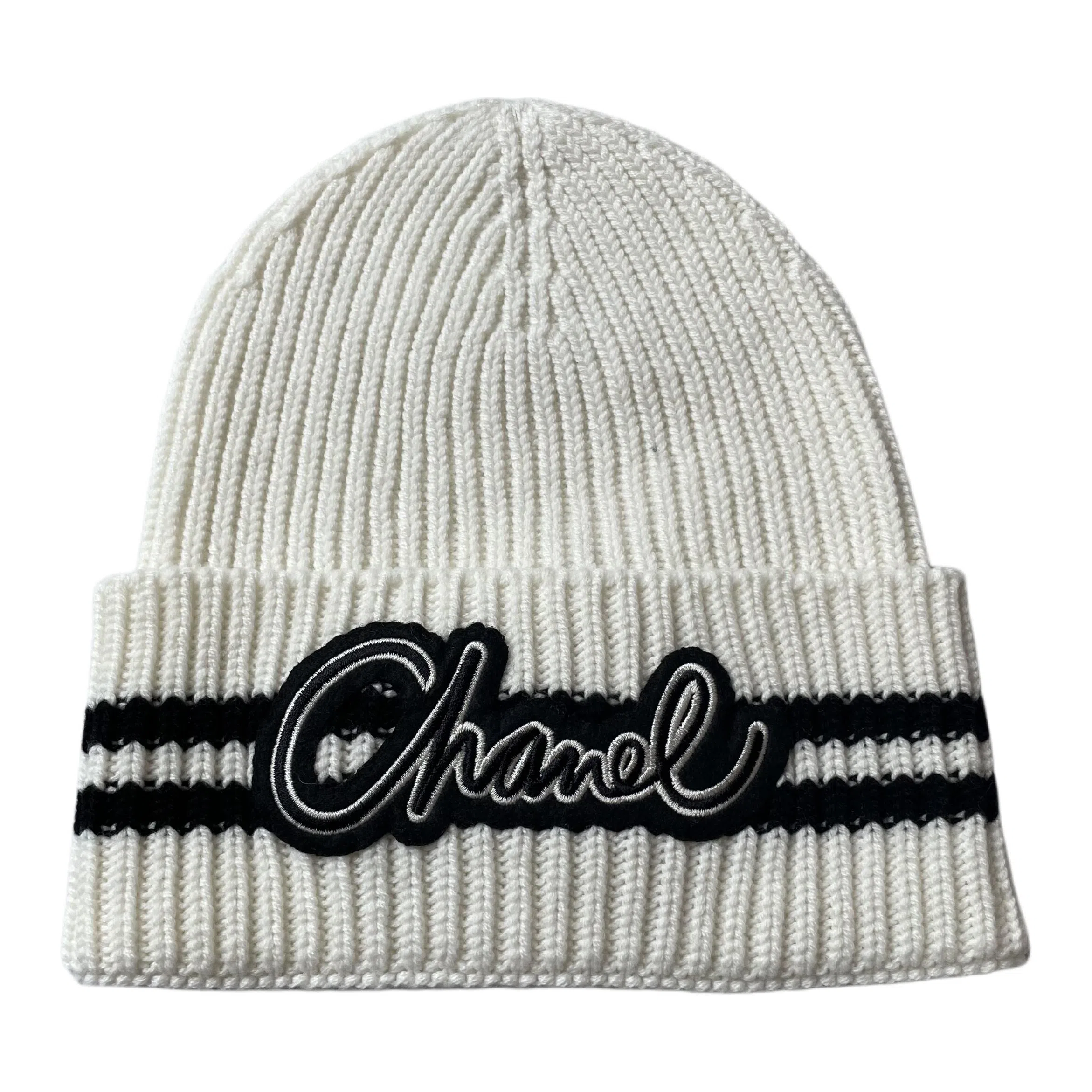 CHANEL Handwritten Logo Beanie Black White