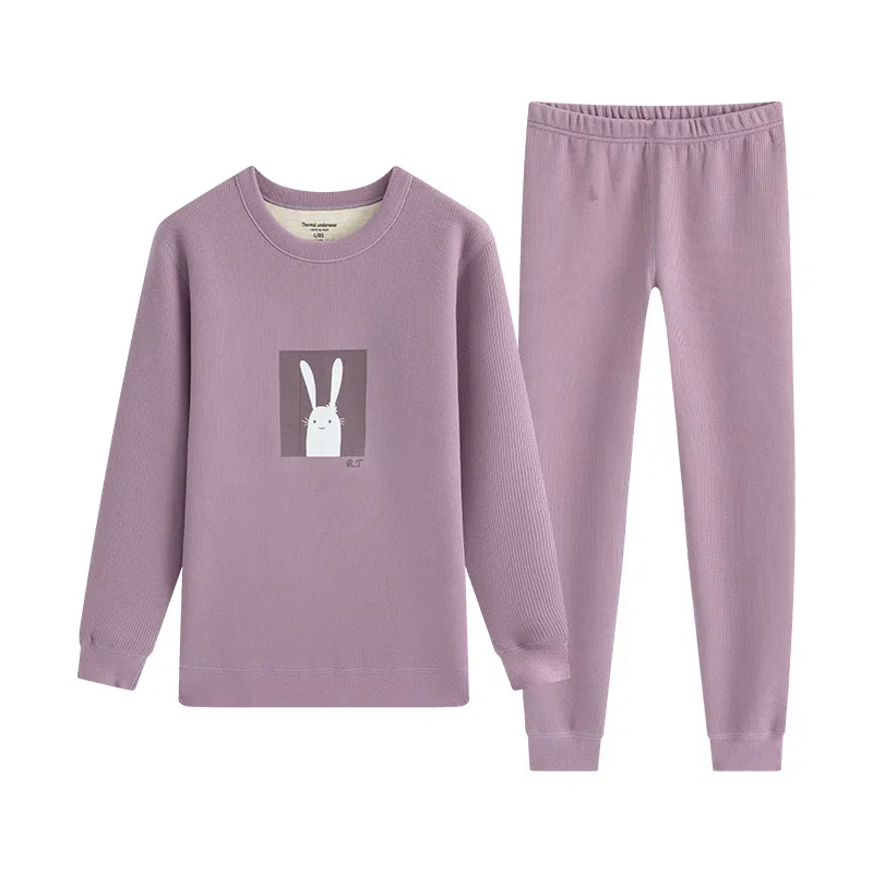 贴身领域 华夫格加绒加厚可爱圆领磨毛绒感秋衣秋裤防寒保暖套装 女款