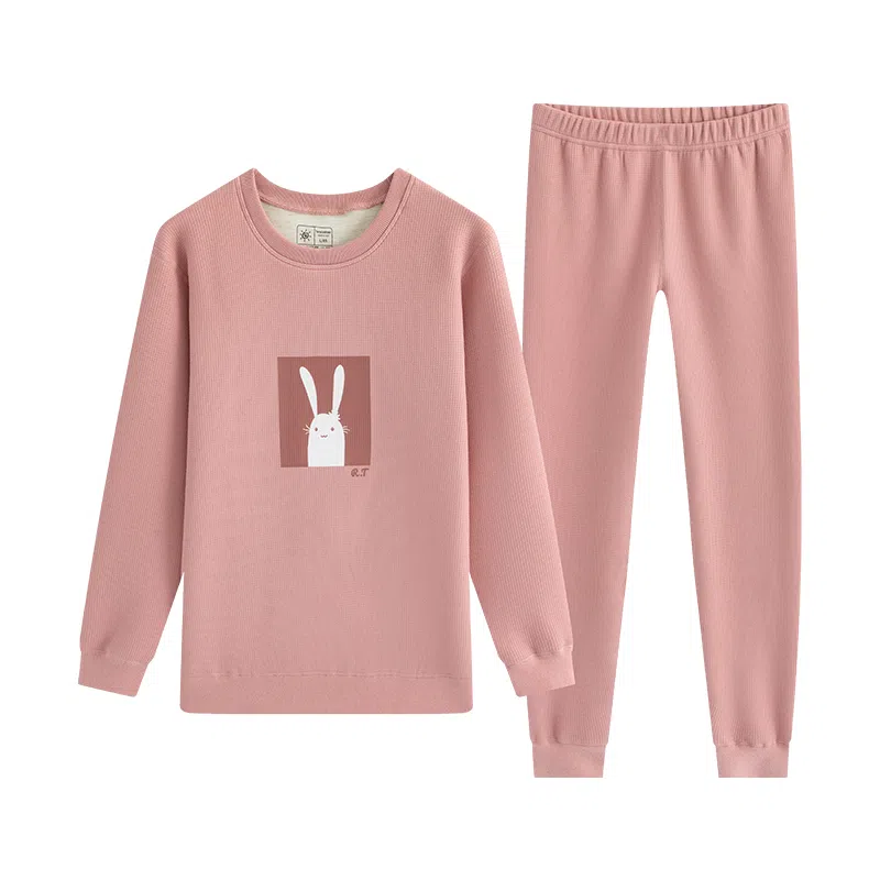 贴身领域 华夫格加绒加厚可爱圆领磨毛绒感秋衣秋裤防寒保暖套装 女款