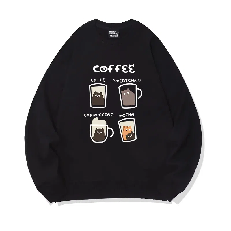 莫代尔 舒适亲肤咖啡卡通猫潮流休闲时尚图案印花圆领长袖可外穿打底衣 男女同款