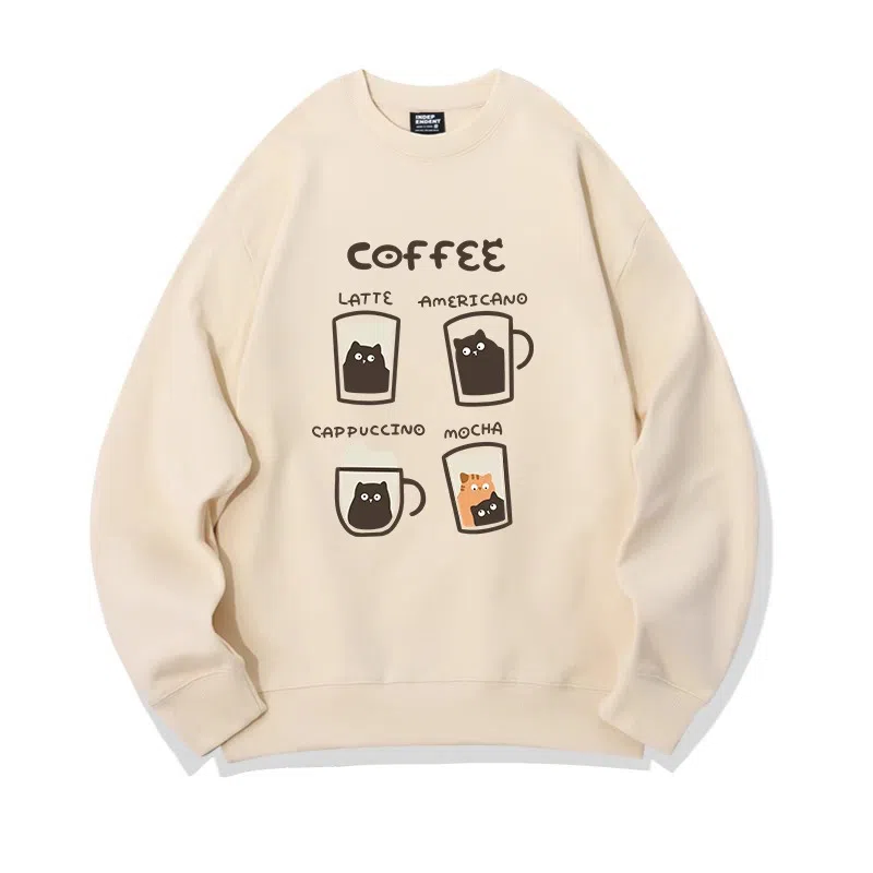 莫代尔 舒适亲肤咖啡卡通猫潮流休闲时尚图案印花圆领长袖可外穿打底衣 男女同款