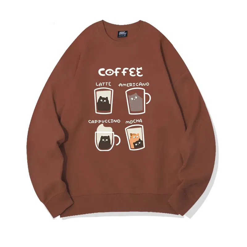 莫代尔 舒适亲肤咖啡卡通猫潮流休闲时尚图案印花圆领长袖可外穿打底衣 男女同款