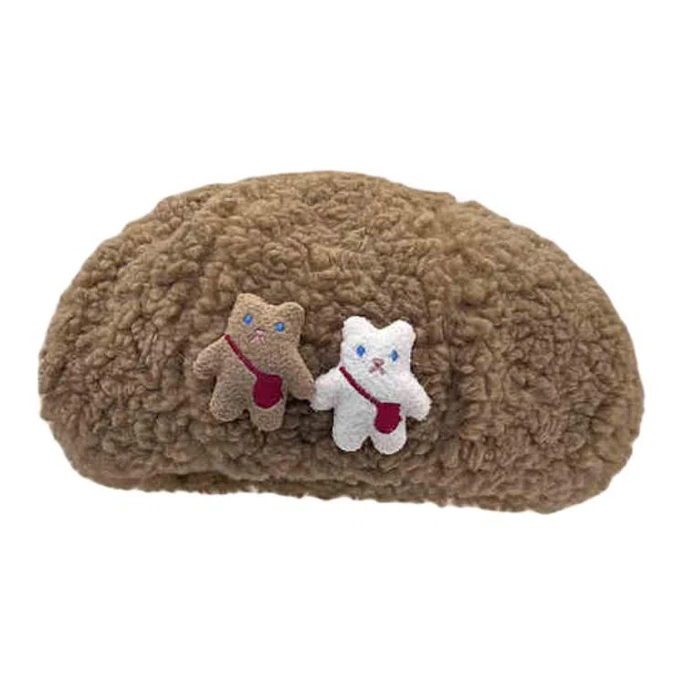 木林森 美拉德风可爱小熊秋冬季保暖休闲简约百搭 羊羔绒 贝雷帽 男女同款情侣款