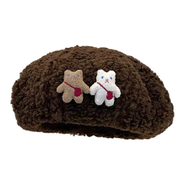 木林森 美拉德风可爱小熊秋冬季保暖休闲简约百搭 羊羔绒 贝雷帽 男女同款情侣款