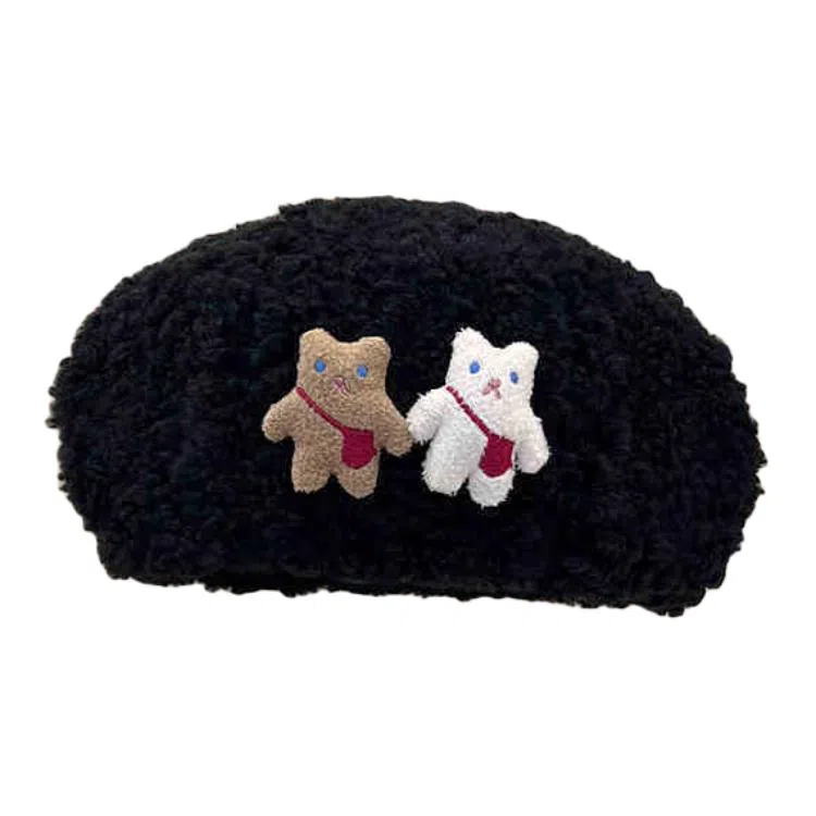 木林森 美拉德风可爱小熊秋冬季保暖休闲简约百搭 羊羔绒 贝雷帽 男女同款情侣款