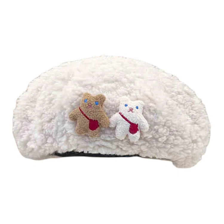 木林森 美拉德风可爱小熊秋冬季保暖休闲简约百搭 羊羔绒 贝雷帽 男女同款情侣款