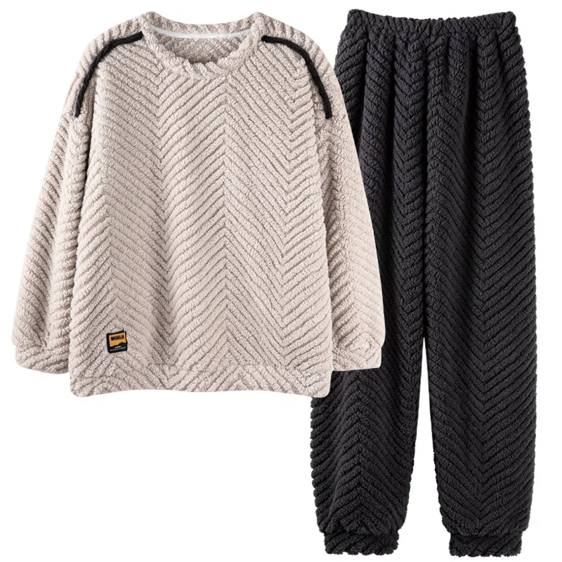 夏芬妍 宽松休闲舒适坑纹圆领家居服加绒加厚保暖蓄温长袖长裤可外穿秋冬款睡衣礼盒 男女同款 灰杏色