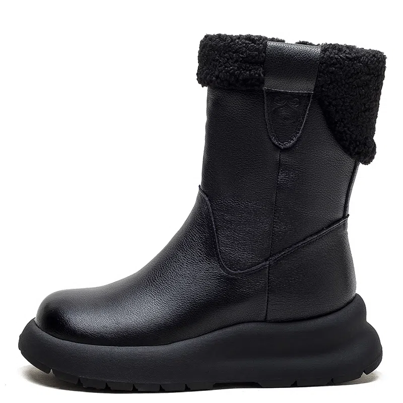 头层牛皮 保暖耐磨增高防滑 复古纯色加绒加厚休闲 中筒 雪地靴 女款