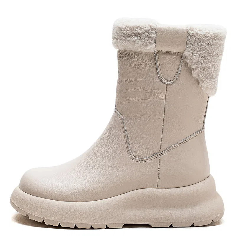 头层牛皮 保暖耐磨增高防滑 复古纯色加绒加厚休闲 中筒 雪地靴 女款