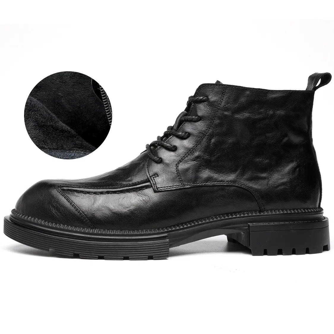 法派 头层羊皮 加绒保暖 中筒 马丁靴 男款 黑色