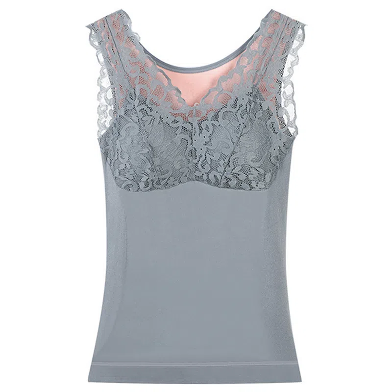 二三二三 舒适加厚加绒带胸垫蕾丝打底保暖上装 女款 灰色