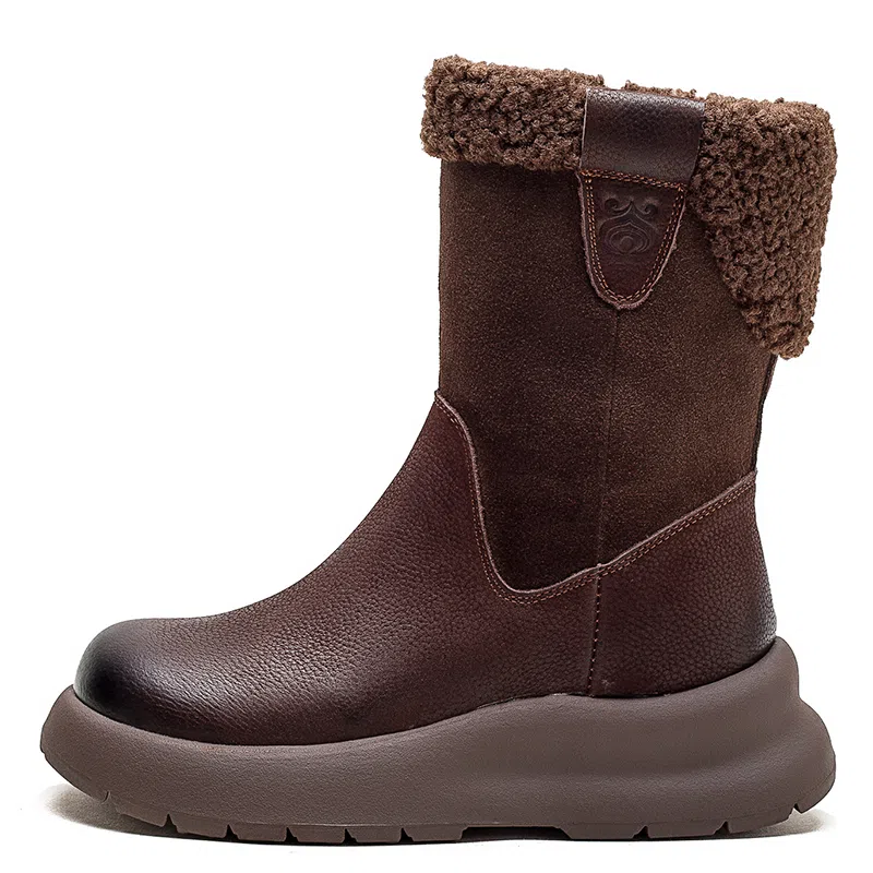 头层牛皮 保暖耐磨增高防滑 复古纯色加绒加厚休闲 中筒 雪地靴 女款