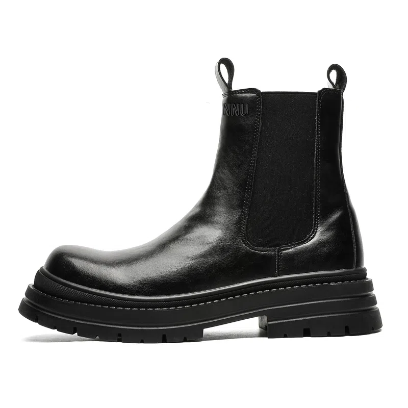 敦奴 头层牛皮 英伦复古 厚底显瘦 小个子通勤简约 短筒 切尔西靴 男款 黑色